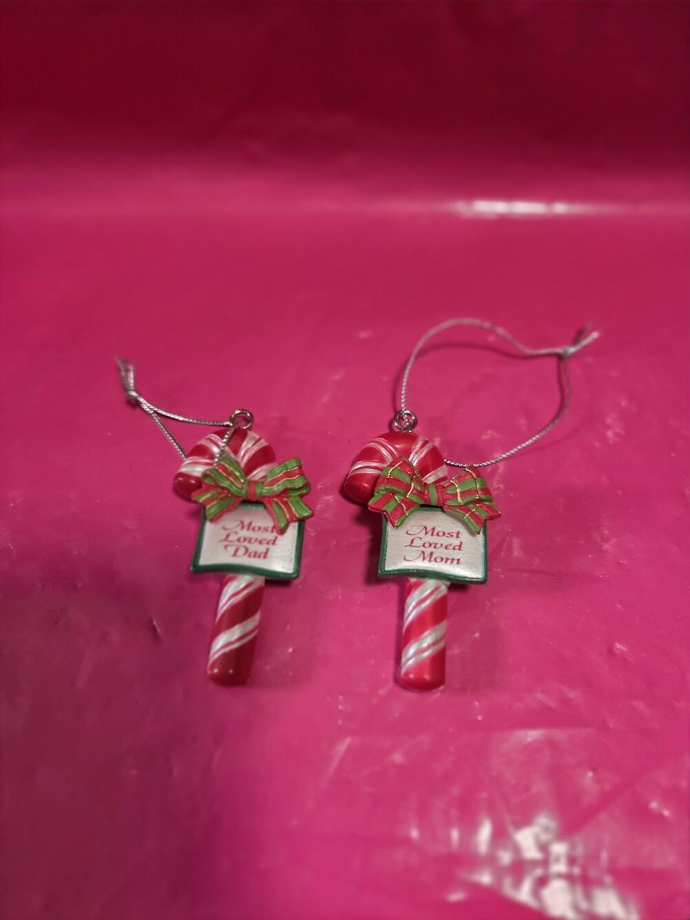 Ganz Candy Cane Christmas Ornament Bow Red Silver Mom & Dad